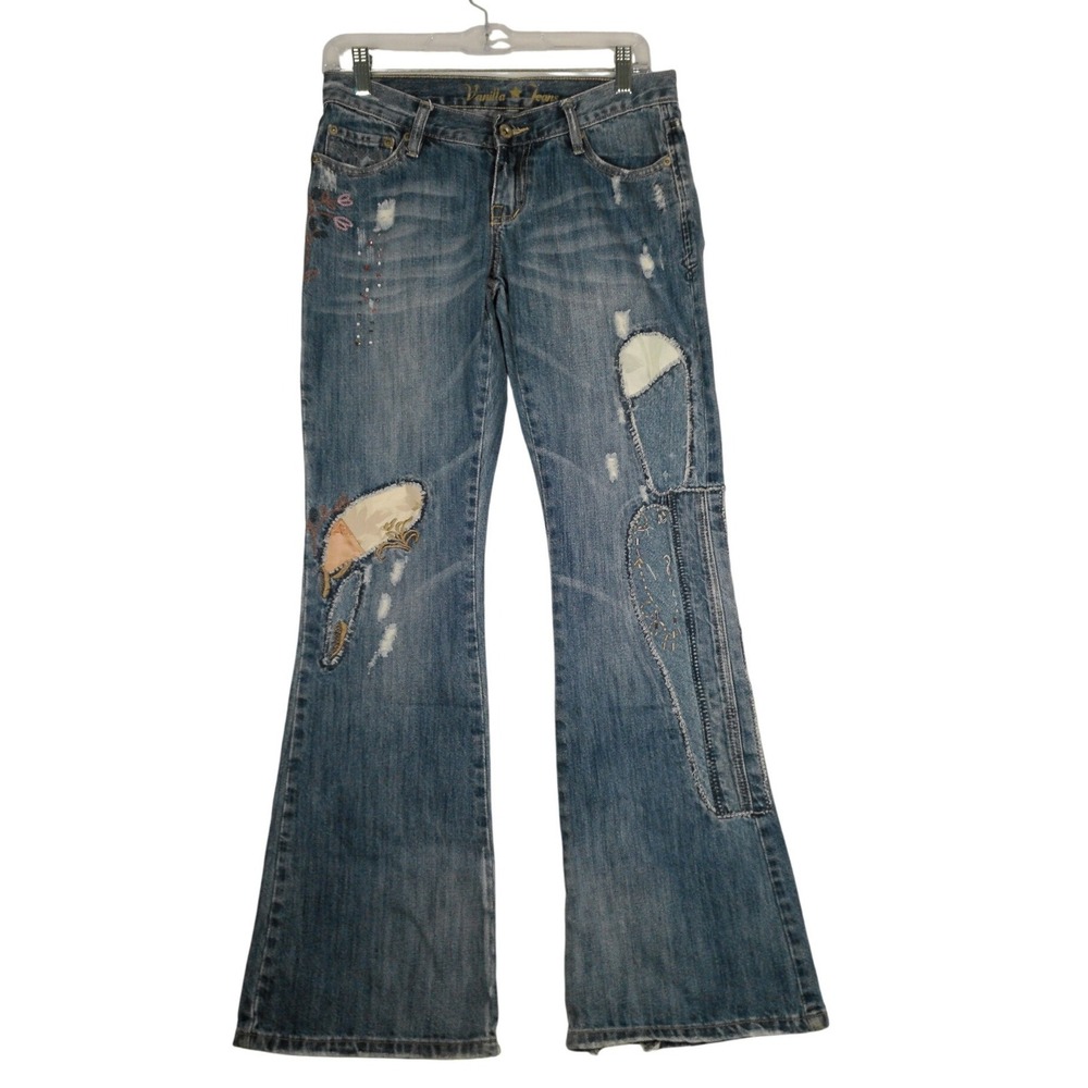 Vanilla Star Jeans Women's Size 7 Embellished‎ Flare Jeans Distressed Denim